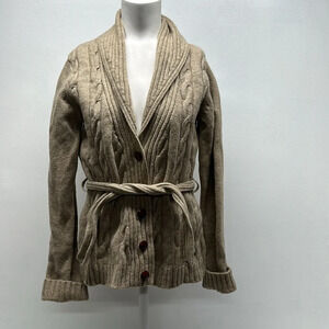 Barbour Lady Jane Cardigan Sweater Button Down Belted Cable Knit Cardi Tan UK 8